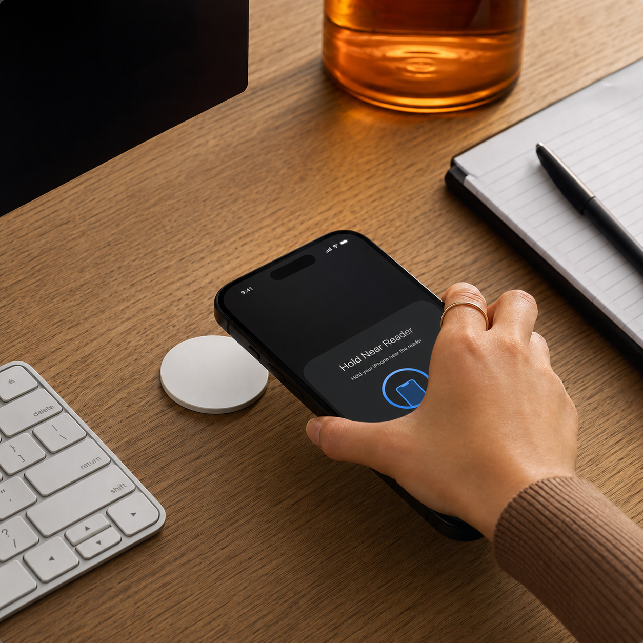 Tap on a desk, phone reading it