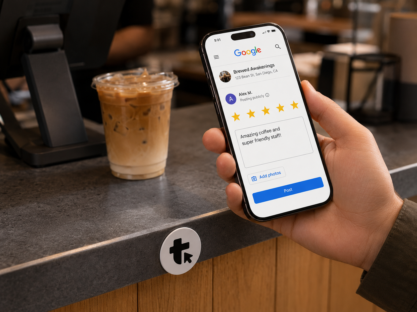 Tap on a café counter opening a Google review
